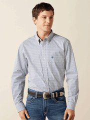 Ariat 10062245 Mens Santos Fitted Long Sleeve Shirt Cream Blue front view. If you need any assistance with this item or the purchase of this item please call us at five six one seven four eight eight eight zero one Monday through Saturday 10:00a.m EST to 8:00 p.m EST