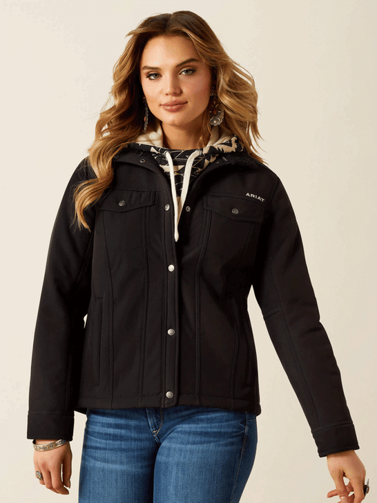 Ariat 10062258 Womens Berber Back Softshell Jacket Black front view. If you need any assistance with this item or the purchase of this item please call us at five six one seven four eight eight eight zero one Monday through Saturday 10:00a.m EST to 8:00 p.m EST