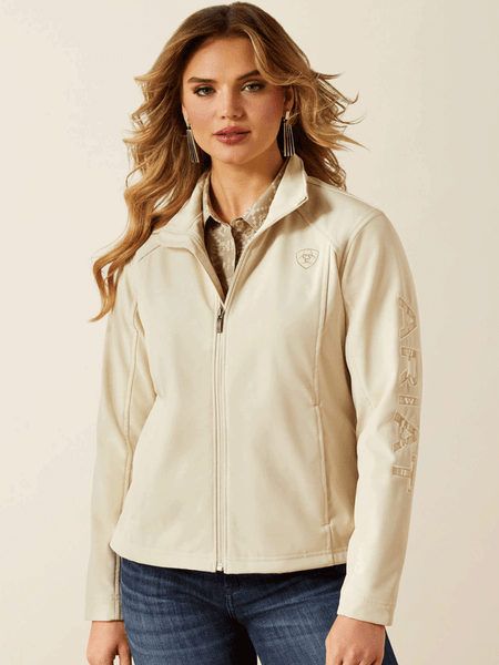 Ariat 10062306 Womens Team Logo Softshell Jacket Cream front view. If you need any assistance with this item or the purchase of this item please call us at five six one seven four eight eight eight zero one Monday through Saturday 10:00a.m EST to 8:00 p.m EST
