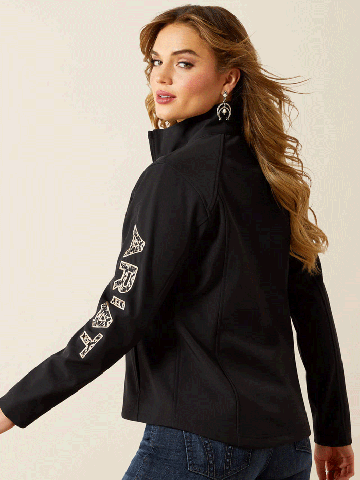 Ariat 10062308 Womens Logo Softshell Jacket Southwest Minimal Print Black front view. If you need any assistance with this item or the purchase of this item please call us at five six one seven four eight eight eight zero one Monday through Saturday 10:00a.m EST to 8:00 p.m EST