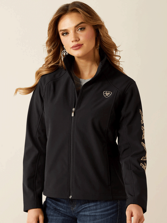 Ariat 10062308 Womens Logo Softshell Jacket Southwest Minimal Print Black front view. If you need any assistance with this item or the purchase of this item please call us at five six one seven four eight eight eight zero one Monday through Saturday 10:00a.m EST to 8:00 p.m EST