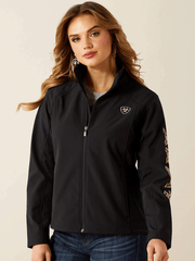 Ariat 10062308 Womens Logo Softshell Jacket Southwest Minimal Print Black front view. If you need any assistance with this item or the purchase of this item please call us at five six one seven four eight eight eight zero one Monday through Saturday 10:00a.m EST to 8:00 p.m EST