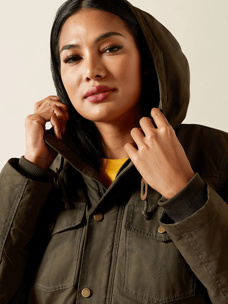 Ariat 10062344 Womens Grizzly 2.0 Parka Earth hood close up. If you need any assistance with this item or the purchase of this item please call us at five six one seven four eight eight eight zero one Monday through Saturday 10:00a.m EST to 8:00 p.m EST