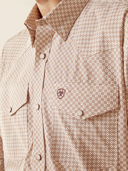 Ariat 10062353 Mens Wrinkle Free Eddie Classic Fit Shirt Off White Natural front close up view. If you need any assistance with this item or the purchase of this item please call us at five six one seven four eight eight eight zero one Monday through Saturday 10:00a.m EST to 8:00 p.m EST