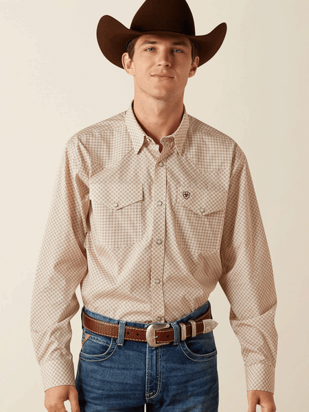 Ariat 10062353 Mens Wrinkle Free Eddie Classic Fit Shirt Off White Natural front view. If you need any assistance with this item or the purchase of this item please call us at five six one seven four eight eight eight zero one Monday through Saturday 10:00a.m EST to 8:00 p.m EST
