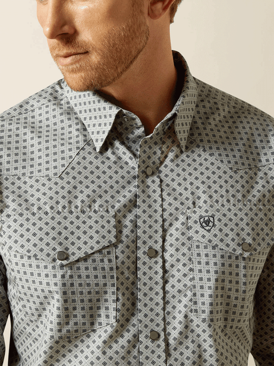 Ariat 10062358 Mens Wrinkle Free Edward Fitted Shirt Heather Grey front close up view. If you need any assistance with this item or the purchase of this item please call us at five six one seven four eight eight eight zero one Monday through Saturday 10:00a.m EST to 8:00 p.m EST