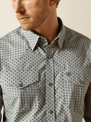 Ariat 10062358 Mens Wrinkle Free Edward Fitted Shirt Heather Grey front close up view. If you need any assistance with this item or the purchase of this item please call us at five six one seven four eight eight eight zero one Monday through Saturday 10:00a.m EST to 8:00 p.m EST