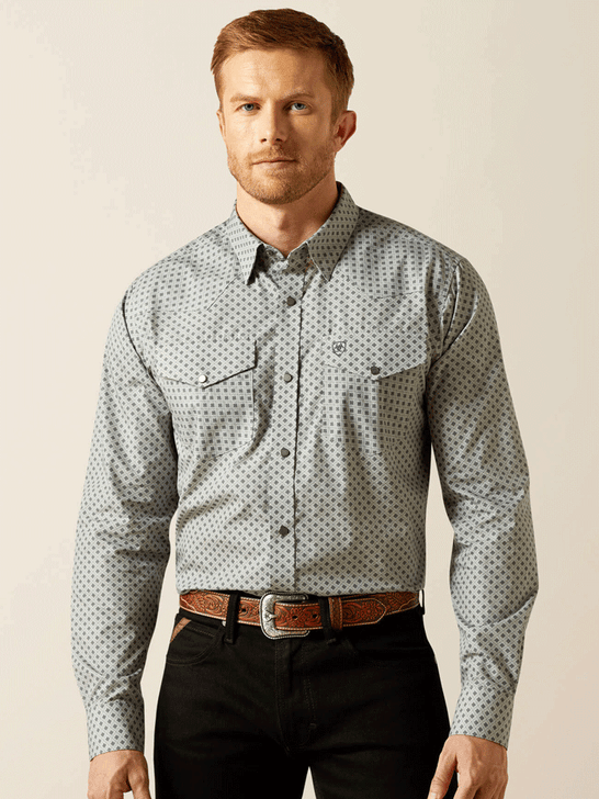 Ariat 10062358 Mens Wrinkle Free Edward Fitted Shirt Heather Grey front view. If you need any assistance with this item or the purchase of this item please call us at five six one seven four eight eight eight zero one Monday through Saturday 10:00a.m EST to 8:00 p.m EST