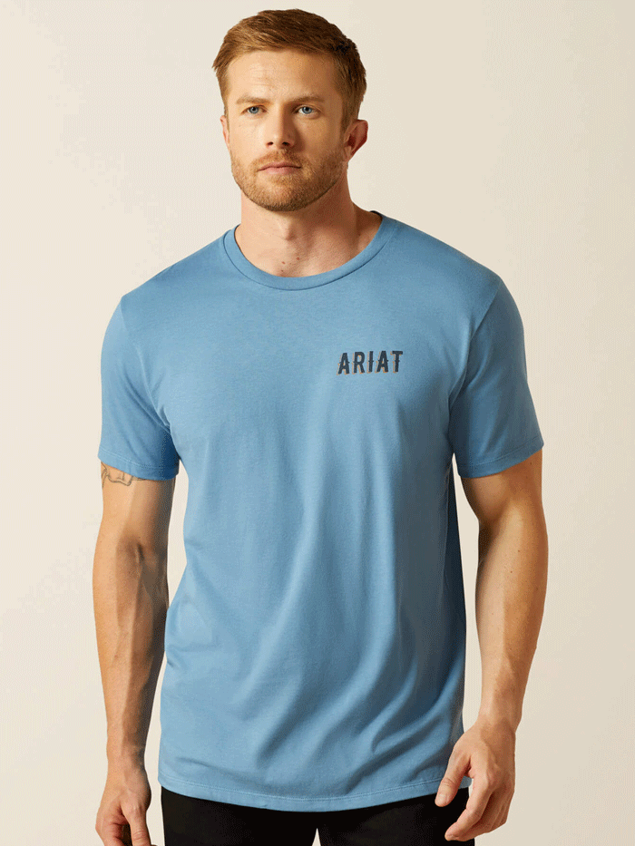 Ariat 10062421 Mens Blazing Saddle T-Shirt Coronet Blue back view.If you need any assistance with this item or the purchase of this item please call us at five six one seven four eight eight eight zero one Monday through Saturday 10:00a.m EST to 8:00 p.m EST