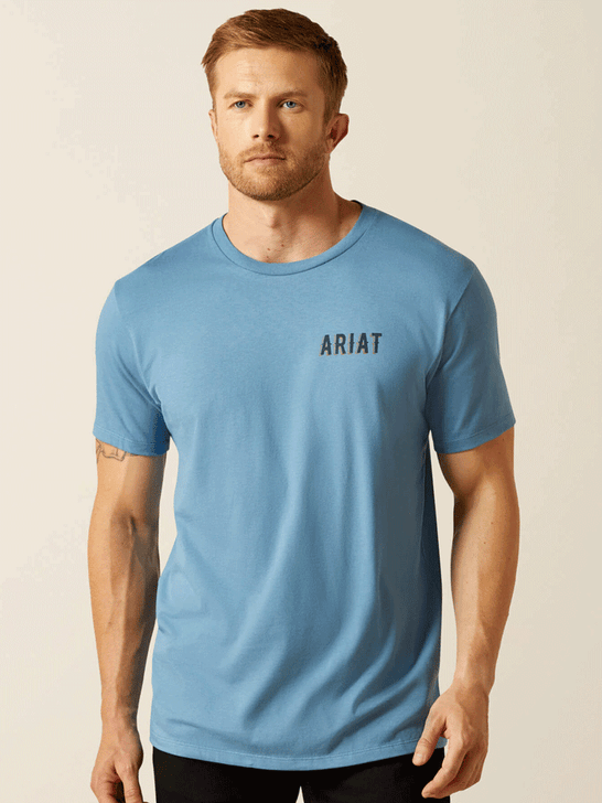 Ariat 10062421 Mens Blazing Saddle T-Shirt Coronet Blue front view. If you need any assistance with this item or the purchase of this item please call us at five six one seven four eight eight eight zero one Monday through Saturday 10:00a.m EST to 8:00 p.m EST