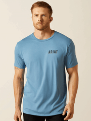 Ariat 10062421 Mens Blazing Saddle T-Shirt Coronet Blue front view. If you need any assistance with this item or the purchase of this item please call us at five six one seven four eight eight eight zero one Monday through Saturday 10:00a.m EST to 8:00 p.m EST
