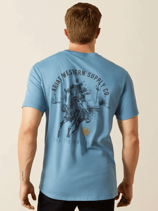 Ariat 10062421 Mens Blazing Saddle T-Shirt Coronet Blue back view.If you need any assistance with this item or the purchase of this item please call us at five six one seven four eight eight eight zero one Monday through Saturday 10:00a.m EST to 8:00 p.m EST