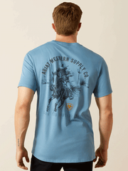 Ariat 10062421 Mens Blazing Saddle T-Shirt Coronet Blue back view.If you need any assistance with this item or the purchase of this item please call us at five six one seven four eight eight eight zero one Monday through Saturday 10:00a.m EST to 8:00 p.m EST