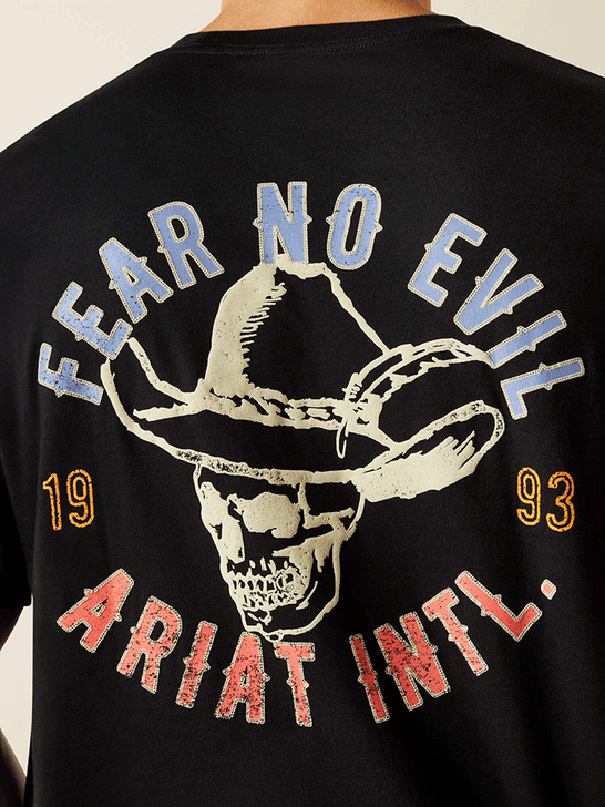 Ariat 10062423 Mens Stitched Skull T-Shirt Black close up. If you need any assistance with this item or the purchase of this item please call us at five six one seven four eight eight eight zero one Monday through Saturday 10:00a.m EST to 8:00 p.m EST