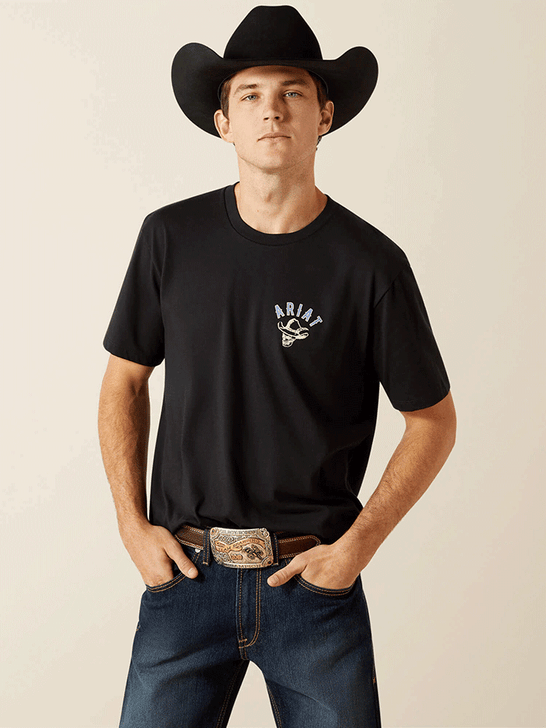 Ariat 10062423 Mens Stitched Skull T-Shirt Black front view. If you need any assistance with this item or the purchase of this item please call us at five six one seven four eight eight eight zero one Monday through Saturday 10:00a.m EST to 8:00 p.m EST