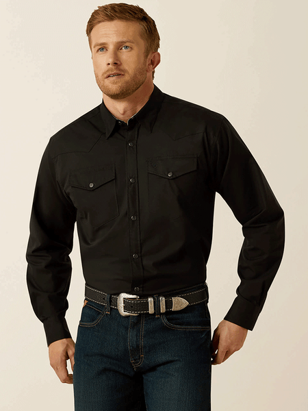 Ariat 10062469 Mens Wrinkle Free Refined Slub Classic Fit Shirt Black front view. If you need any assistance with this item or the purchase of this item please call us at five six one seven four eight eight eight zero one Monday through Saturday 10:00a.m EST to 8:00 p.m EST