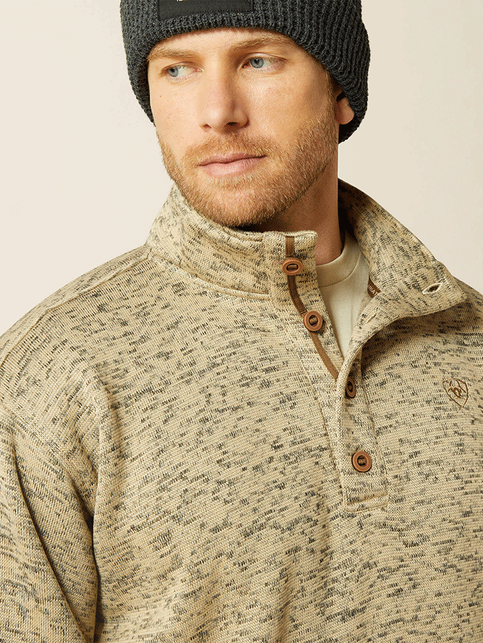 Ariat 10062481 Mens Caldwell 1/4 Button Sweater Beige front view. If you need any assistance with this item or the purchase of this item please call us at five six one seven four eight eight eight zero one Monday through Saturday 10:00a.m EST to 8:00 p.m EST