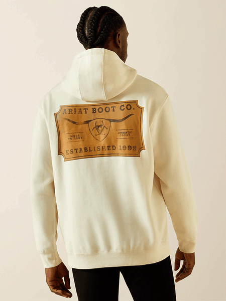 Ariat 10062499 Mens Shield Steerhead Hoodie Oatmeal back view. If you need any assistance with this item or the purchase of this item please call us at five six one seven four eight eight eight zero one Monday through Saturday 10:00a.m EST to 8:00 p.m EST