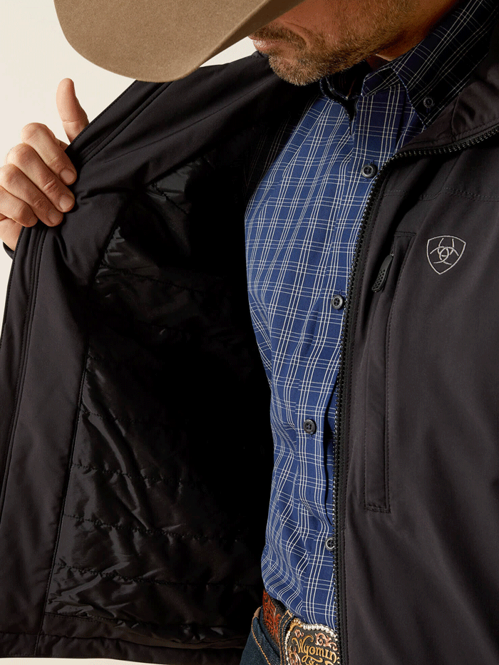 Ariat 10062508 Mens Pioneer StretchShell Jacket Black front view. If you need any assistance with this item or the purchase of this item please call us at five six one seven four eight eight eight zero one Monday through Saturday 10:00a.m EST to 8:00 p.m EST