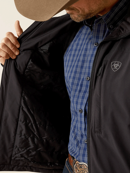 Ariat 10062508 Mens Pioneer StretchShell Jacket Black inside view. If you need any assistance with this item or the purchase of this item please call us at five six one seven four eight eight eight zero one Monday through Saturday 10:00a.m EST to 8:00 p.m EST
