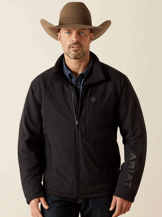 Ariat 10062508 Mens Pioneer StretchShell Jacket Black front view. If you need any assistance with this item or the purchase of this item please call us at five six one seven four eight eight eight zero one Monday through Saturday 10:00a.m EST to 8:00 p.m EST