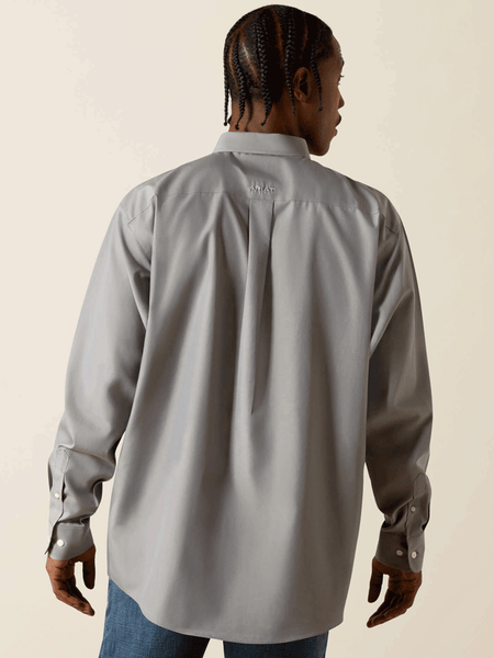 Ariat 10062526 Mens Wrinkle Free Solid Pinpoint Oxford Classic Fit Shirt Silver Grey back view. If you need any assistance with this item or the purchase of this item please call us at five six one seven four eight eight eight zero one Monday through Saturday 10:00a.m EST to 8:00 p.m EST
