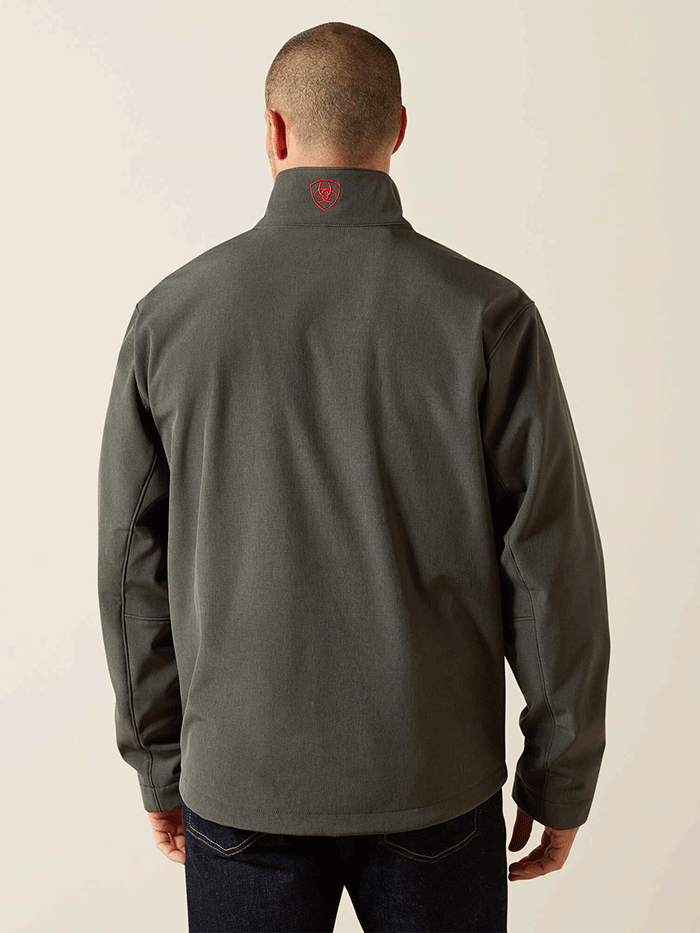 Ariat 10062579 Mens Logo Softshell Jacket Charcoal front view. If you need any assistance with this item or the purchase of this item please call us at five six one seven four eight eight eight zero one Monday through Saturday 10:00a.m EST to 8:00 p.m EST