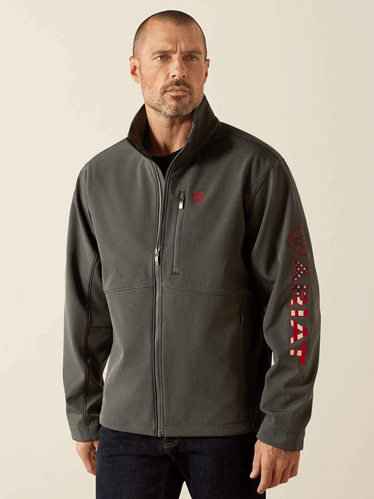 Ariat 10062579 Mens Logo Softshell Jacket Charcoal front view. If you need any assistance with this item or the purchase of this item please call us at five six one seven four eight eight eight zero one Monday through Saturday 10:00a.m EST to 8:00 p.m EST