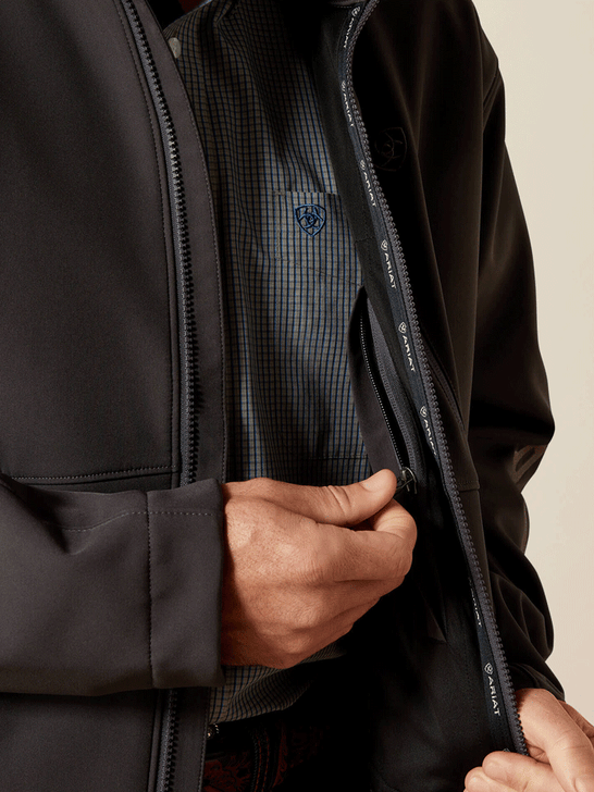 Ariat 10062580 Mens Logo Softshell Jacket Phantom inside view. If you need any assistance with this item or the purchase of this item please call us at five six one seven four eight eight eight zero one Monday through Saturday 10:00a.m EST to 8:00 p.m EST