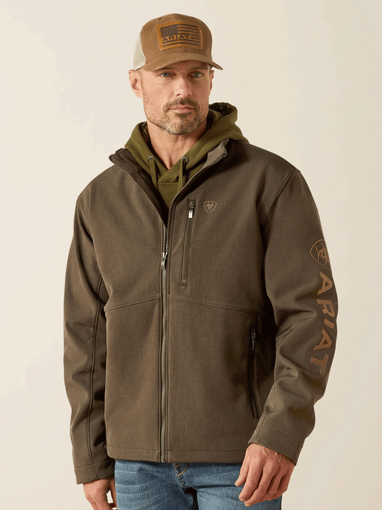 Ariat 10062584 Mens Logo Softshell Jacket Earth Green Heather front view. If you need any assistance with this item or the purchase of this item please call us at five six one seven four eight eight eight zero one Monday through Saturday 10:00a.m EST to 8:00 p.m EST