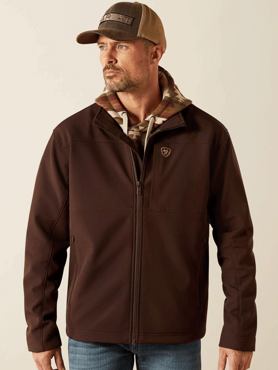 Ariat 10062597 Mens Vernon Softshell Jacket Coffee Bean front view. If you need any assistance with this item or the purchase of this item please call us at five six one seven four eight eight eight zero one Monday through Saturday 10:00a.m EST to 8:00 p.m EST