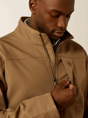 Ariat 10062599 Mens Vernon Softshell Jacket Khaki Southwest front close up. If you need any assistance with this item or the purchase of this item please call us at five six one seven four eight eight eight zero one Monday through Saturday 10:00a.m EST to 8:00 p.m EST