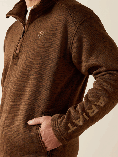 Ariat 10062619 Mens Caldwell Logo 1/4 Zip Sweater Carafe side view. If you need any assistance with this item or the purchase of this item please call us at five six one seven four eight eight eight zero one Monday through Saturday 10:00a.m EST to 8:00 p.m EST