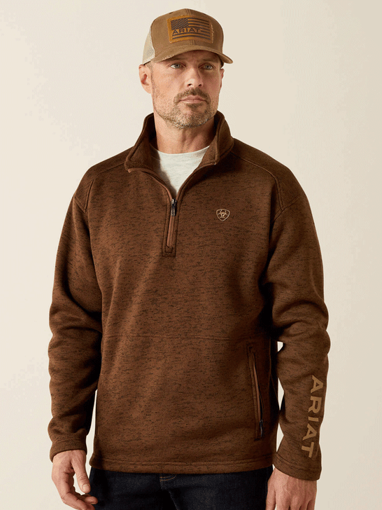 Ariat 10062619 Mens Caldwell Logo 1/4 Zip Sweater Carafe front view. If you need any assistance with this item or the purchase of this item please call us at five six one seven four eight eight eight zero one Monday through Saturday 10:00a.m EST to 8:00 p.m EST