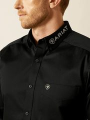 Ariat 10062659 Mens Team Logo Twill Fitted Shirt Black front close up. If you need any assistance with this item or the purchase of this item please call us at five six one seven four eight eight eight zero one Monday through Saturday 10:00a.m EST to 8:00 p.m EST