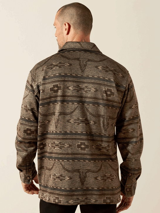 Ariat 10062681 Mens Caldwell Printed Shirt Jacket Beige back view. If you need any assistance with this item or the purchase of this item please call us at five six one seven four eight eight eight zero one Monday through Saturday 10:00a.m EST to 8:00 p.m EST