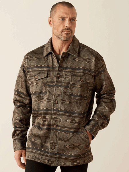 Ariat 10062681 Mens Caldwell Printed Shirt Jacket Beige front view. If you need any assistance with this item or the purchase of this item please call us at five six one seven four eight eight eight zero one Monday through Saturday 10:00a.m EST to 8:00 p.m EST