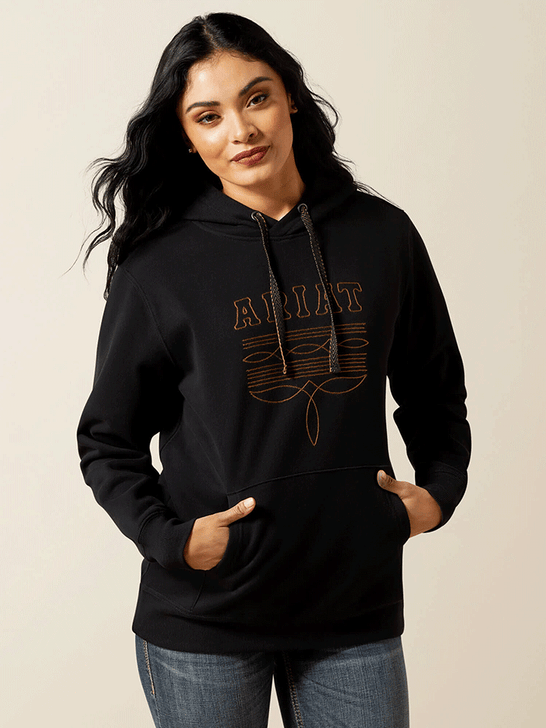 Ariat 10062734 Womens Booted Logo Hoodie Black front view. If you need any assistance with this item or the purchase of this item please call us at five six one seven four eight eight eight zero one Monday through Saturday 10:00a.m EST to 8:00 p.m EST