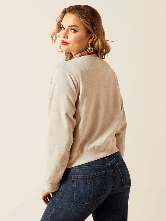 Ariat 10062736 Womens Essential Crew Sweatshirt Oatmeal back / side view. If you need any assistance with this item or the purchase of this item please call us at five six one seven four eight eight eight zero one Monday through Saturday 10:00a.m EST to 8:00 p.m EST