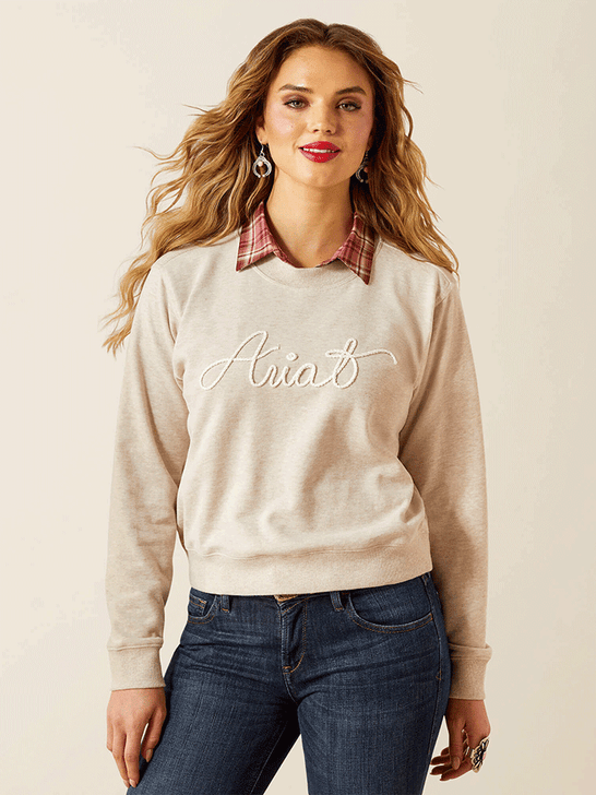 Ariat 10062736 Womens Essential Crew Sweatshirt Oatmeal front view. If you need any assistance with this item or the purchase of this item please call us at five six one seven four eight eight eight zero one Monday through Saturday 10:00a.m EST to 8:00 p.m EST