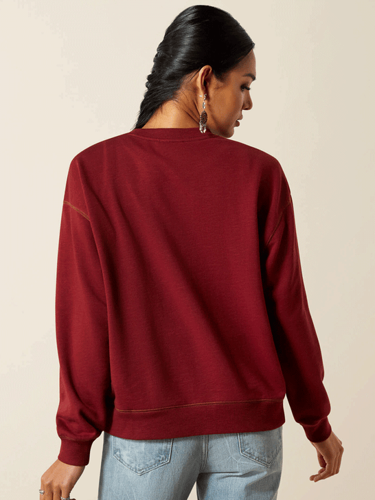 Ariat 10062799 Womens Lasso Sweatshirt Cabarnet Burgundy back view. If you need any assistance with this item or the purchase of this item please call us at five six one seven four eight eight eight zero one Monday through Saturday 10:00a.m EST to 8:00 p.m EST
