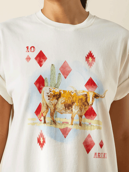 Ariat 10062805 Womens Aces T-Shirt Papyrus Ivory front close up view. If you need any assistance with this item or the purchase of this item please call us at five six one seven four eight eight eight zero one Monday through Saturday 10:00a.m EST to 8:00 p.m EST
