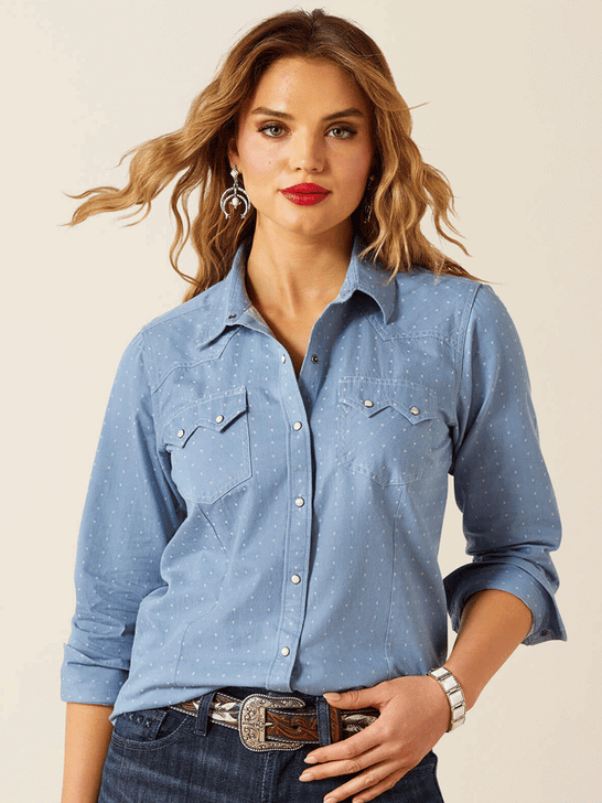 Ariat 10062840 Womens Merchant Western Shirt Light Blue front view. If you need any assistance with this item or the purchase of this item please call us at five six one seven four eight eight eight zero one Monday through Saturday 10:00a.m EST to 8:00 p.m EST