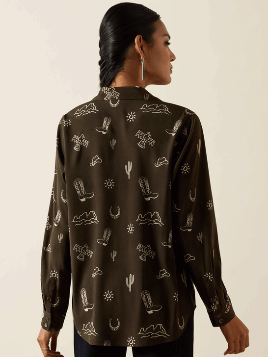 Ariat 10062904 Womens Layla Print Homestyle Shirt Olive back view. If you need any assistance with this item or the purchase of this item please call us at five six one seven four eight eight eight zero one Monday through Saturday 10:00a.m EST to 8:00 p.m EST