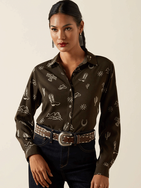 Ariat 10062904 Womens Layla Print Homestyle Shirt Olive front view. If you need any assistance with this item or the purchase of this item please call us at five six one seven four eight eight eight zero one Monday through Saturday 10:00a.m EST to 8:00 p.m EST