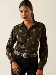 Ariat 10062904 Womens Layla Print Homestyle Shirt Olive front view. If you need any assistance with this item or the purchase of this item please call us at five six one seven four eight eight eight zero one Monday through Saturday 10:00a.m EST to 8:00 p.m EST