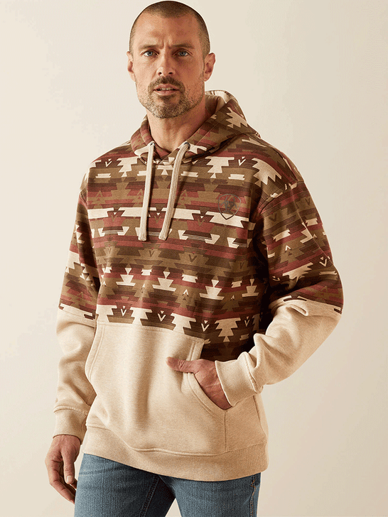 Ariat 10062906 Mens Color Block Hoodie Oatmeal Southwest front view. If you need any assistance with this item or the purchase of this item please call us at five six one seven four eight eight eight zero one Monday through Saturday 10:00a.m EST to 8:00 p.m EST