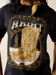Ariat 10063756 Womens Boot Cloche T-Shirt Black front close up view. If you need any assistance with this item or the purchase of this item please call us at five six one seven four eight eight eight zero one Monday through Saturday 10:00a.m EST to 8:00 p.m EST