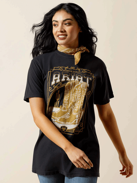 Ariat 10063756 Womens Boot Cloche T-Shirt Black front view. If you need any assistance with this item or the purchase of this item please call us at five six one seven four eight eight eight zero one Monday through Saturday 10:00a.m EST to 8:00 p.m EST
