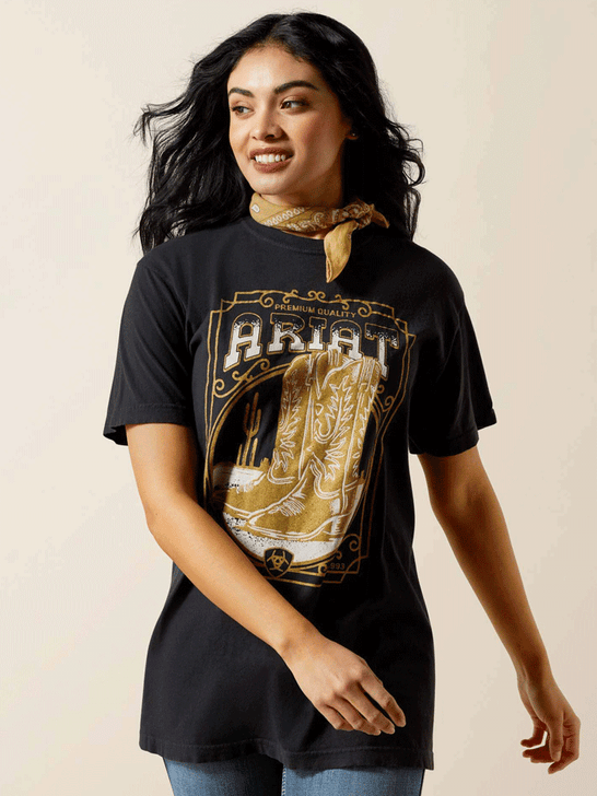 Ariat 10063756 Womens Boot Cloche T-Shirt Black front view. If you need any assistance with this item or the purchase of this item please call us at five six one seven four eight eight eight zero one Monday through Saturday 10:00a.m EST to 8:00 p.m EST
